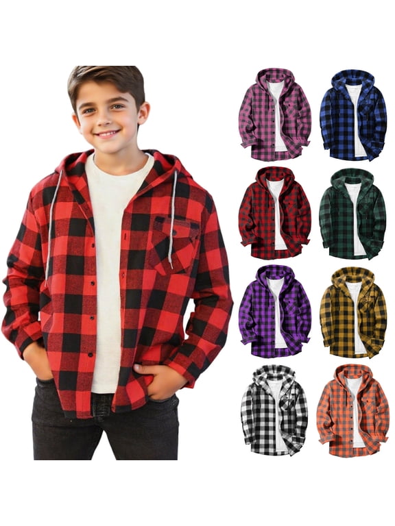 Kids Gingham Hoodie Plaid Shirt Long Sleeve Button Down Casual Shirt Jacket Lightweight Fall Shacket for Girl Boy 4-15 Years