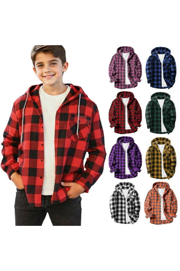Kids Gingham Hoodie Plaid Shirt Long Sleeve Button Down Casual Shirt Jacket Lightweight Fall Shacket for Girl Boy 4-15 Years