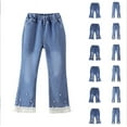 thumbnail image 1 of MKOSPLRT Kids Girls Bootcut Jeans with Pocket 4-14 Years Elastic Wasit Summer Denim Pants Stretch Slim Fit Flare Jeans Ruffle Hem Jeans, 1 of 4