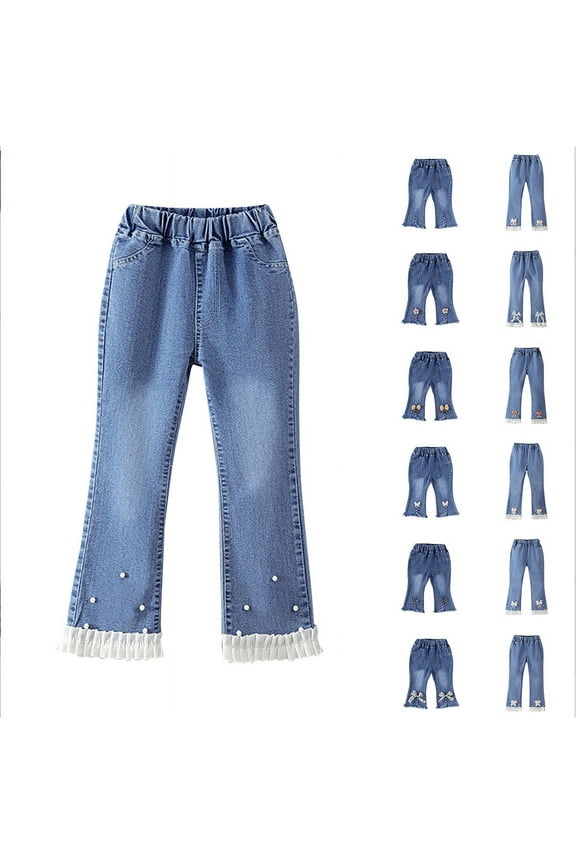 Kids Girls Bootcut Jeans with Pocket 4-14 Years Elastic Wasit Summer Denim Pants Stretch Slim Fit Flare Jeans Ruffle Hem Jeans