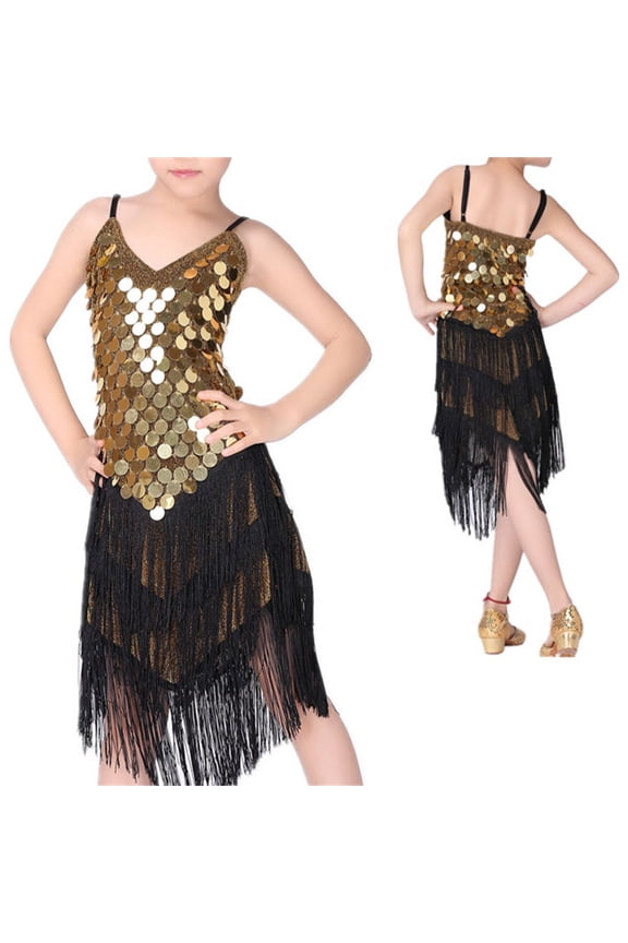 Kids Girls Sequin Tassel Latin Dance Dress Irregular Hem Spaghetti Strap Dress Party Tango Rumba Salsa Ballroom Dancewear