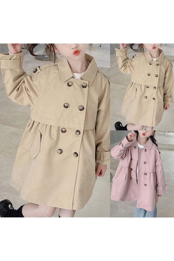 Kids Girls Trench Coat Jacket Dress with Belt 2-12Y Ruffle Waist Windbreaker Outwear Solid Long Jackets with Pockets