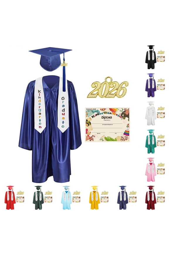 Kids Graduation Gown Set with Tassel 4 Pieces Gown Cap Stole and Card Solid Long Sleeve Full Zipper Outfits 8-14 Years