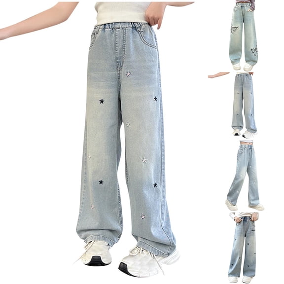 MKOSPLRT Kids Jeans High Waist Straight Wide Leg Jeans Girls Baggy Distressed Denim Pants Funny Stars Embroidery Jeans with Pocket 5-15Y