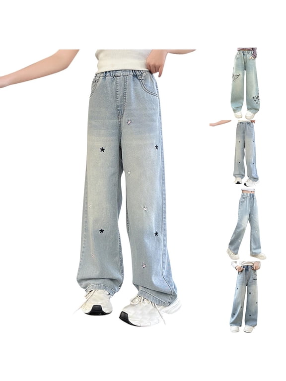 Kids Jeans High Waist Straight Wide Leg Jeans Girls Baggy Distressed Denim Pants Funny Stars Embroidery Jeans with Pocket 5-15Y