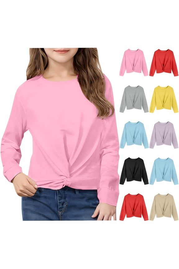 Kids Long Sleeve Tops Twist Front Crew Neck Pullover Solid Casual Loose T Shirts Fall Going Out Tee Shirts for Girl