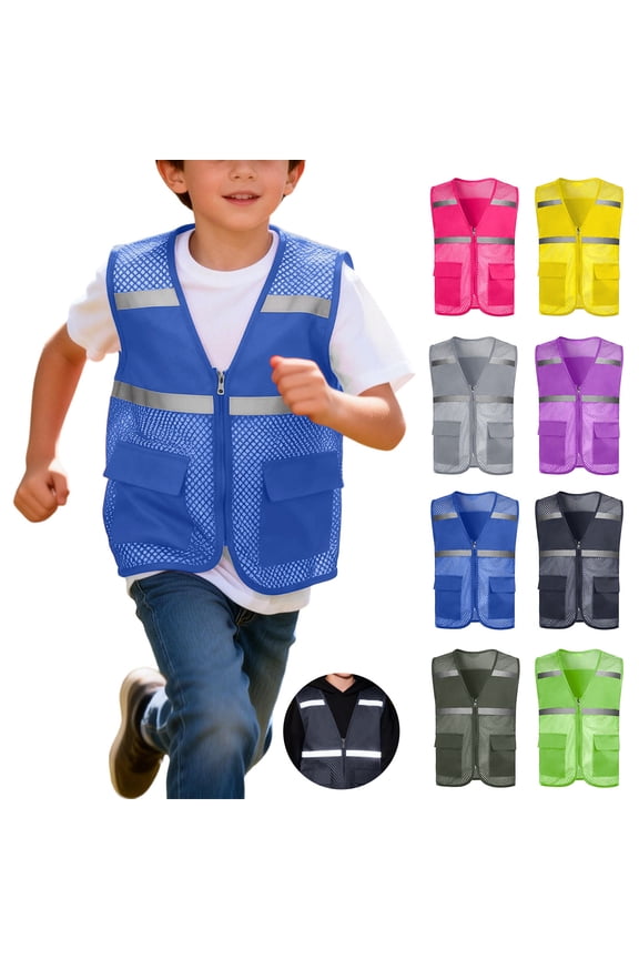 Kids Mesh Vest Zipper Supermarket Team Volunteer Uniform Vest Unisex Zipper Front Safety Vest with Reflective Strips and Pockets