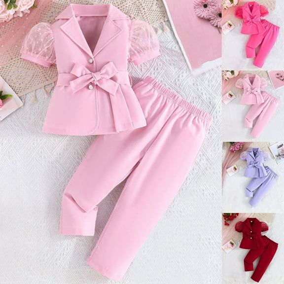 MKOSPLRT Kids Outfits Blazer Suits 2 Piece Sets Puff Sleeve Mesh Notch Collar Jacket Casual Straight Leg Pants Solid Dressy Set with Belt