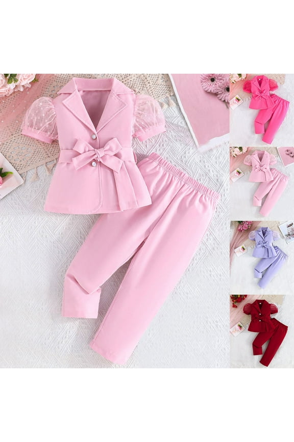 Kids Outfits Blazer Suits 2 Piece Sets Puff Sleeve Mesh Notch Collar Jacket Casual Straight Leg Pants Solid Dressy Set with Belt