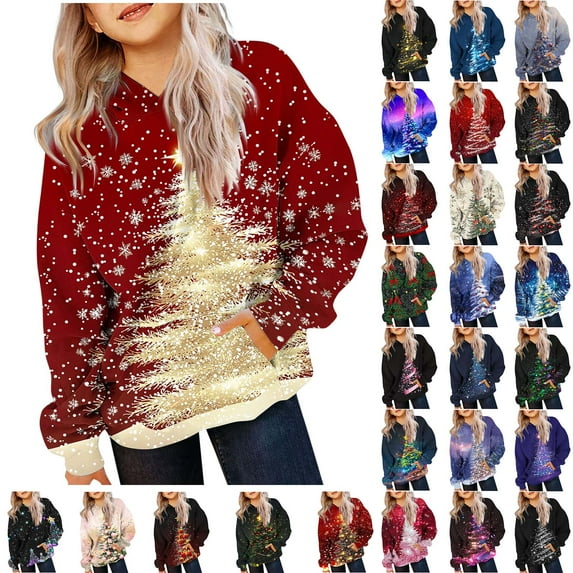 MKOSPLRT Kids Oversized Christmas Hoodies 2-14Y Long Sleeve Drop Shoulder Graphic Pullover Casual Xmas Party Sweatshirts with Pocket
