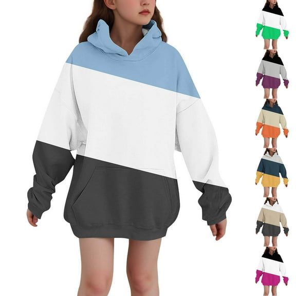 MKOSPLRT Kids Oversized Hoodies with Pocket 3-14Y Color Block Fall Pullover Long Sleeve Casual Sweatshirts Teen Girl Hoodie