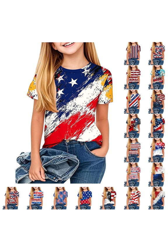 Kids' Patriotic T-Shirt Stars Stripes Independence Day Short Sleeve Top for Boys and Girls Sizes 3-14 Years Kids Clothes