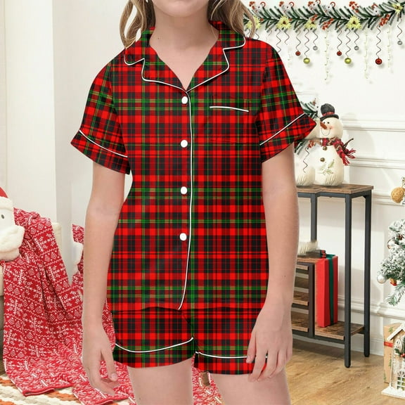 MKOSPLRT Kids Plaid Pajamas Sets Vintage Satin Sleepwear 2 Piece Short Sleeve Button Down Shirts Wide Leg Shorts Casual Nightwear with Pocket