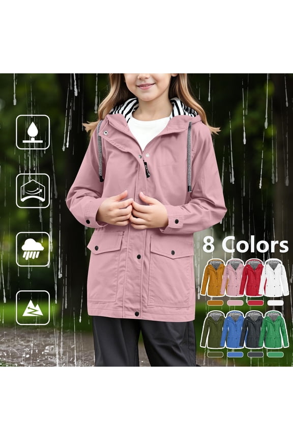 Kids Rain Jacket with Hood 5-16Y Waterproof Windbreaker Travel Jacket Full Zip Long Sleeve Solid Rain Jackets with Pocket