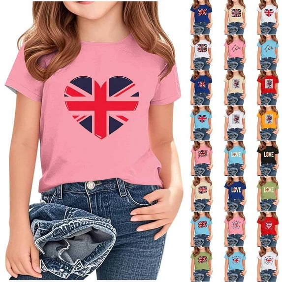 MKOSPLRT Kids Short Sleeve Holiday Shirt 2-13 Years Crew Neck 4th of July UK Flag Tee Shirts Funny Love Letter Print Tops