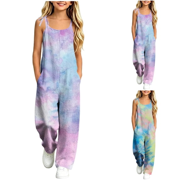 MKOSPLRT Kids Sleeveless Jumpsuit 5-14Y Adjustable Straps Tie Dye Print Linen Blend Overalls Girls Casual Romper Long Pants with Pockets