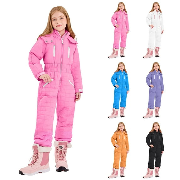 MKOSPLRT Kids Snow Suit Girls Hooded Waterproof Insulated One Piece Ski Suit Windproof Snowboarding Outdoor Outfits 5-16 Years