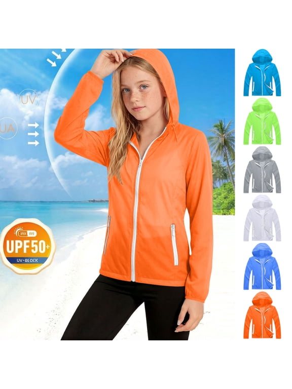 Kids Spring Summer Solid Skin Clothes Long Sleeve Anti-UV Hooded Casual Sports Jacket with Pocket 5-12 Years