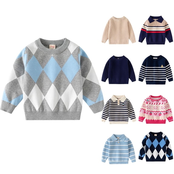 MKOSPLRT Kids Sweaters 1-8Y Lapel Collar Striped Knit Sweaters Long Sleeve Casual Pullover Tops Color Block Fall Sweaters