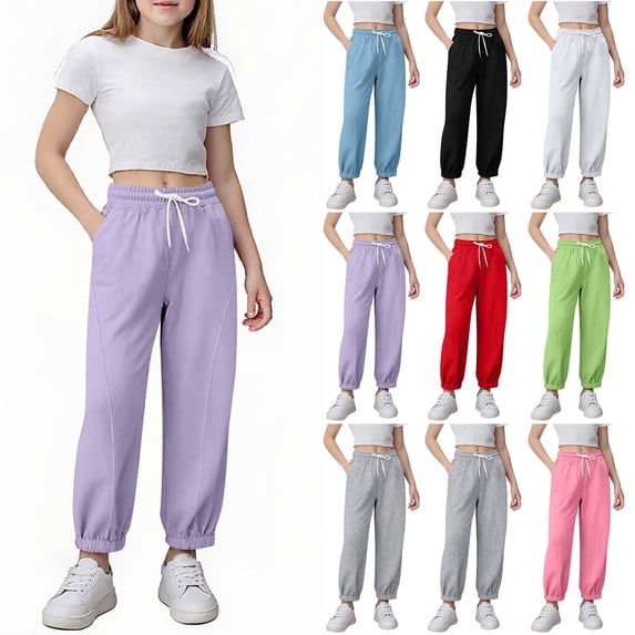 MKOSPLRT Kids Sweatpants 4-15Y Girls Cinch Bottom Joggers Elastic Waist Baggy Athletic Pants Solid Sweat Pants with Pocket