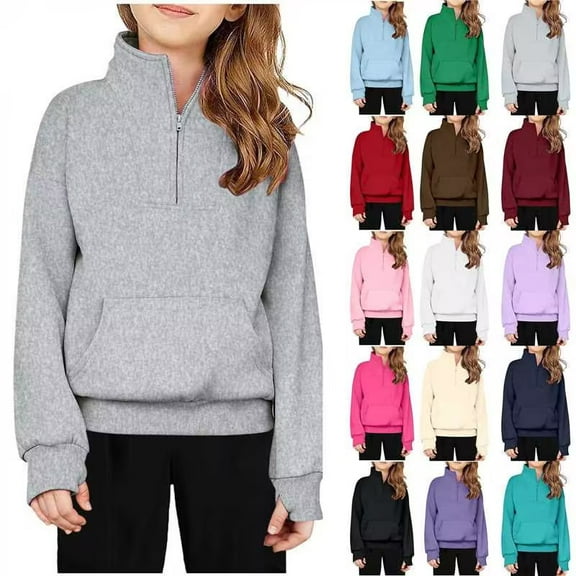 MKOSPLRT Kids Sweatshirts 5-14Y Half Zip Workout Pullover Basic Solid Fall Sweatshirts Casual Loose Sweat Shirts with Thumb Holes Pocket