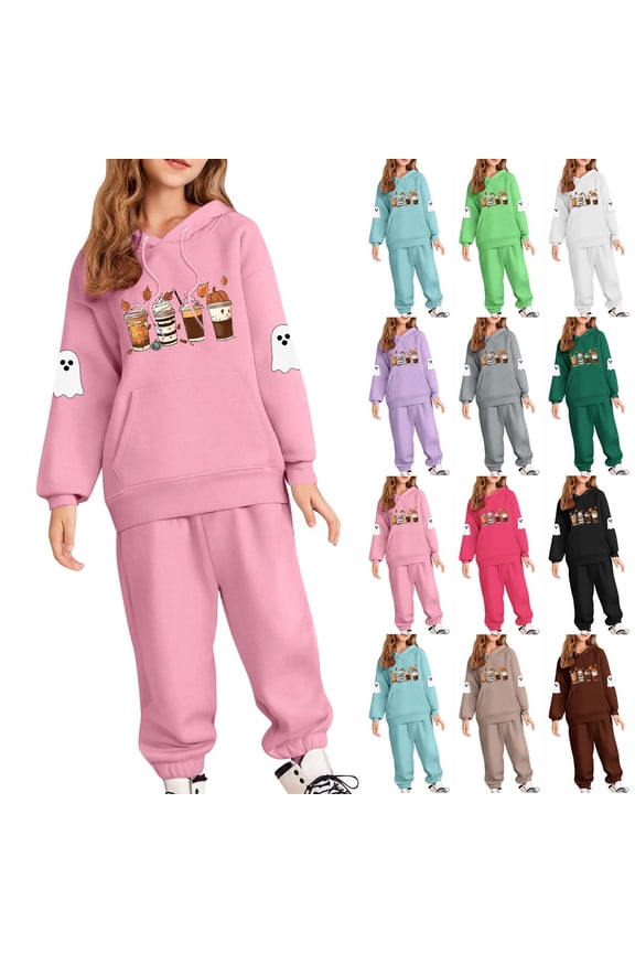Kids Sweatsuits 2 Piece Halloween Outfits 5-14Y Warm Fall Hoodies Cinch Bottom Jogger Sweatpants Funny Graphic Tracksuits