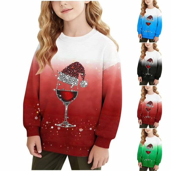 MKOSPLRT Kids Ugly Christams Sweatshirts 1-15Y Crew Neck Long Sleeve Fleece Lined Pullover Funny Red Wine Glass Gradient Sweatshirts