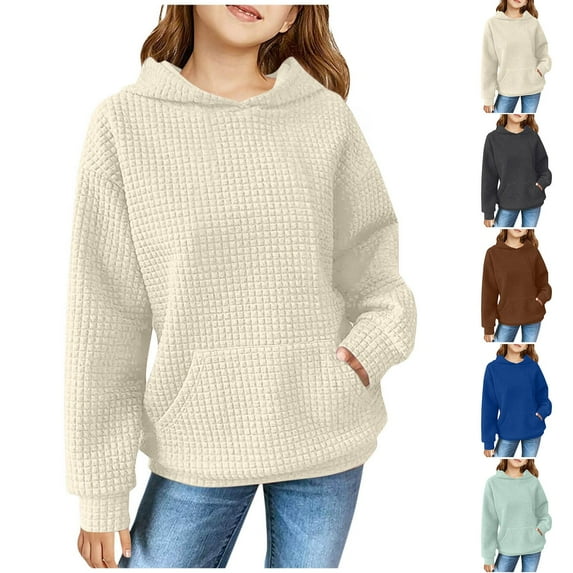 MKOSPLRT Kids Waffle Hoodies with Pocket Girls Long Sleeve Drop Shoulder Pullover Solid Casual Loose Sweatshirts 5-14 Years