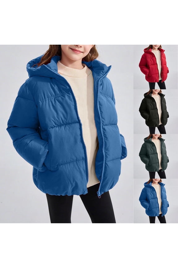 Kids Winter Coats 2-12Y Girls Full Zip Quilted Jackets Solid Long Sleeve Down Coats Lightweight Oversized Jacket Coats with Pocket