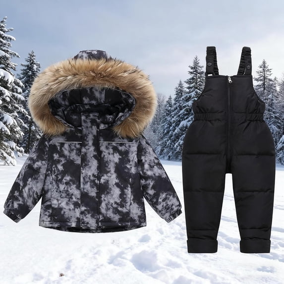MKOSPLRT Kids Winter Snowsuit Set with Bib Pants Faux Fur Hooded Puffer Coats Snow Pants Overalls Warm Outdoor Snow Suits 1-6 Years