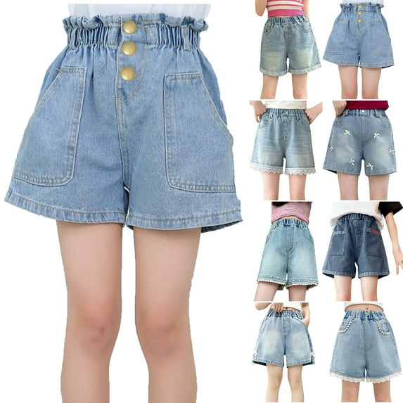 MKOSPLRT Lace Jeans Shorts for Girl 2-12 Years Elastic Waist Baggy Wide Leg Denim Shorts Solid Color Wash Jeans with Pearls Pockets