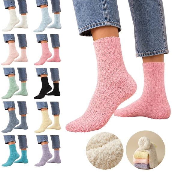 MKOSPLRT Ladies Cozy Mid‑Calf Floor Sleeping Socks Thick Plush Flannel Fleece Winter Thermal House Socks Hot Pink Soft Warm Casual Home Socks Cold Season Daily Wear