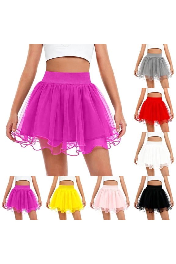 Layered Tutu Skirt Kids Girls Princess Ballet Dance Mesh Mini Skirts Elastic Waist Bow Ruffle Tiered A Line Skirts for Party 1-14Y