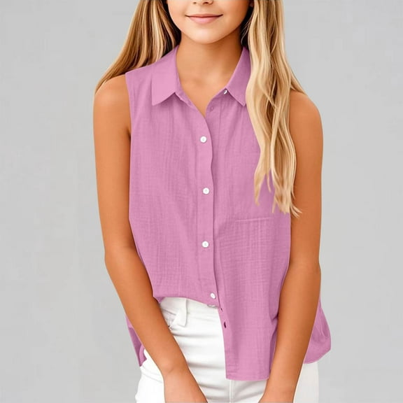 MKOSPLRT Linen Button Down Shirts Girls Sleeveless Lapel Collar T Shirts Solid Color Lounge Blouses Loose Fit Tees Gifts for Children 5-15Y