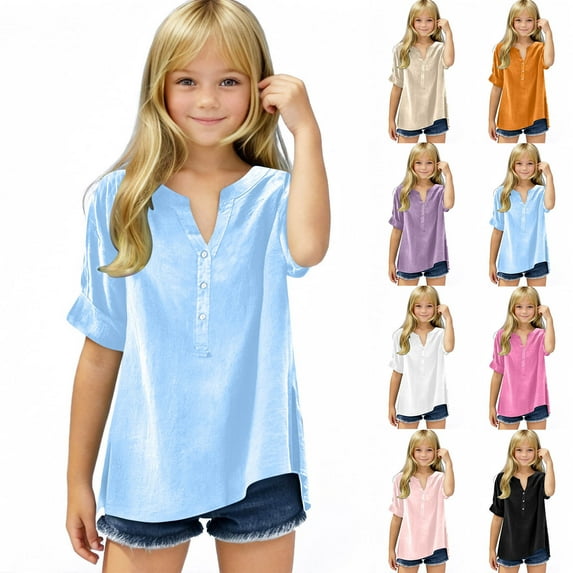 MKOSPLRT Linen Shirts for Girl 5-15 Years Short Sleeve Henley Shirts Solid Color Loose Fit Tshirts Lightweight Tees Birthday Gifts