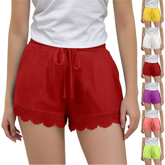 MKOSPLRT Linen Shorts for Girls Waist Lace Trim Lounge Shorts Solid Color Baggy Beach Shorts Lightweight Summer Shorts