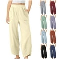 thumbnail image 1 of MKOSPLRT Linen Wide Leg Pants for Girl Elastic Waist Baggy Harem Pants Solid Color Lounge Copped Pants Lightweight Vacation Pants with Pocket, 1 of 9