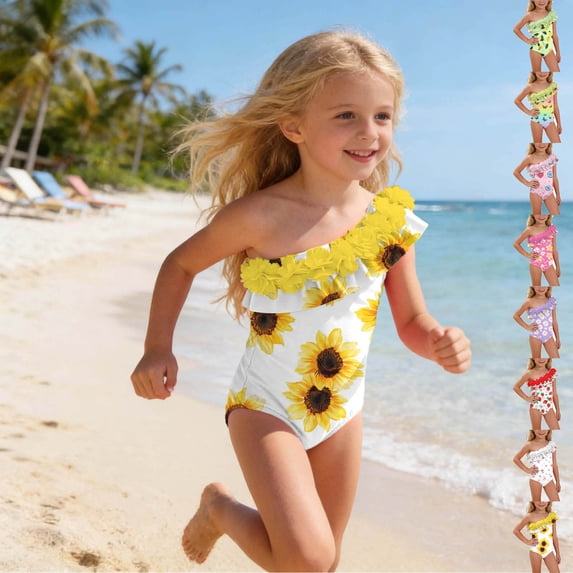 MKOSPLRT Little Girls' Floral Print One-Shoulder One-Piece Swimsuit with Flowers UPF 50+ UV Protection Quick Dry Bathing Suit for 12 Months-5 Years