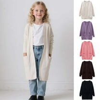 MKOSPLRT Long Cardigans for Girl 3-11Y Open Front Long Sleeve Knit Sweater Cardigans Solid Lightweight Fall Sweaters with Pocket