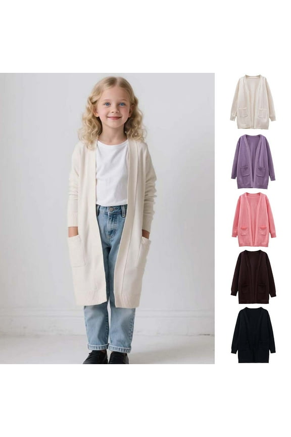 Long Cardigans for Girl 3-11Y Open Front Long Sleeve Knit Sweater Cardigans Solid Lightweight Fall Sweaters with Pocket