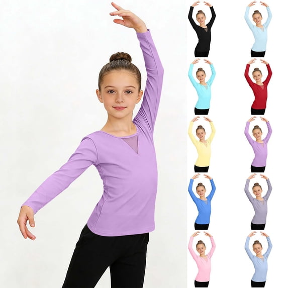 MKOSPLRT Long Sleeve Ballet Leotard Tops for Girl Crewneck Mesh Hollow Out Dance Shirts Unitard Gymnastics Outfits Sky Blue 14-15 Years