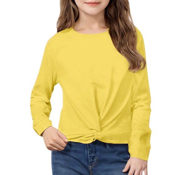 MKOSPLRT Long Sleeve Crop Tops for Girl Round Neck Twist Knot Pullover Solid Color Loose Fit T Shirts Casual Shirts for Kid 4-12Years
