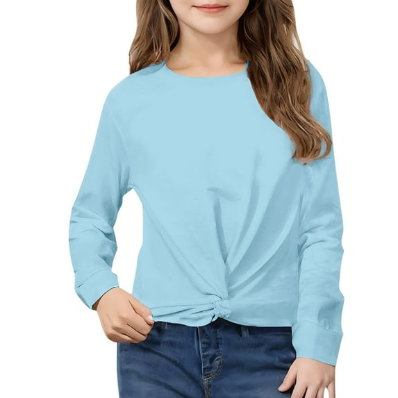 MKOSPLRT Long Sleeve Crop Tops for Girl Round Neck Twist Knot Pullover Solid Color Loose Fit T Shirts Casual Shirts for Kid 4-12Years
