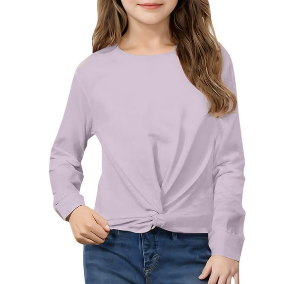 MKOSPLRT Long Sleeve Crop Tops for Girl Round Neck Twist Knot Pullover Solid Color Loose Fit T Shirts Casual Shirts for Kid 4-12Years
