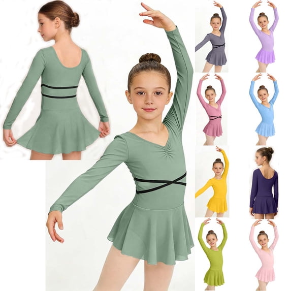 MKOSPLRT Long Sleeve Gymnastics Leotards for Girls Dance Ballet with Skirt Gymnastic Ballerina Outfit Dress Classic Dancewear Gray 5-6 Years