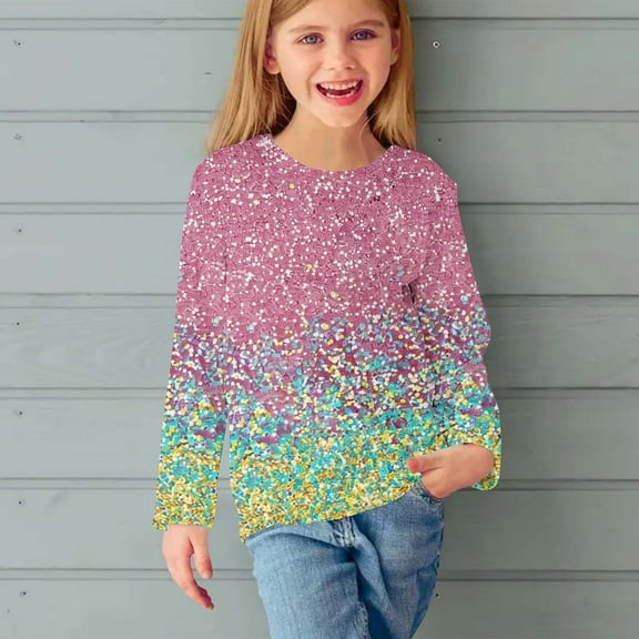 MKOSPLRT Long Sleeve Shirts for Kid Girls Boys Crew Neck Sparkly Tops Glittle Print T Shirts Loose Fit Party Blouses Gifts for Children