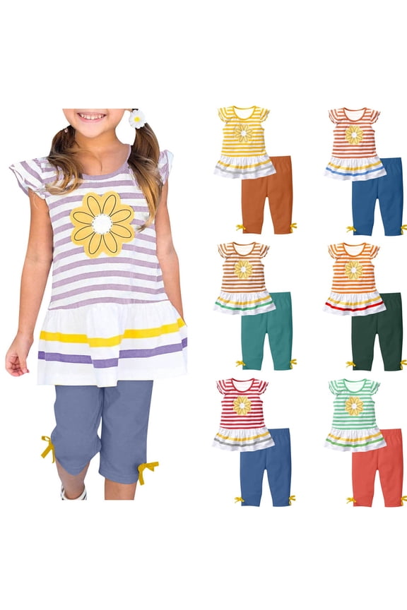 Lounge Sets for Girl 1-10 Years Toddler Kids Summer Two Piece Fly Sleeve Striped Tops with Capris Cute Floral Sets for Little Girl