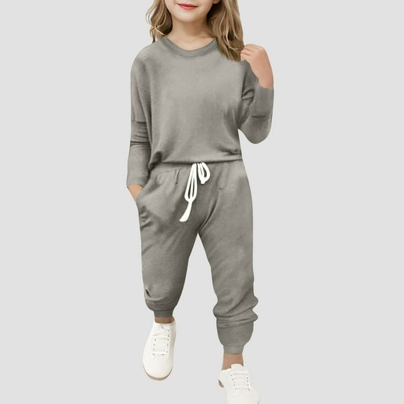 MKOSPLRT Lounge Sets for Kid Girls Solid Sweatsuits 2 Piece Long Sleeve Shirts Wasit Jogger Pants Comfy Tracksuits 5-13 Years