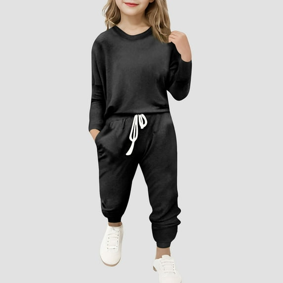 MKOSPLRT Lounge Sets for Kid Girls Solid Sweatsuits 2 Piece Long Sleeve Shirts Wasit Jogger Pants Comfy Tracksuits 5-13 Years