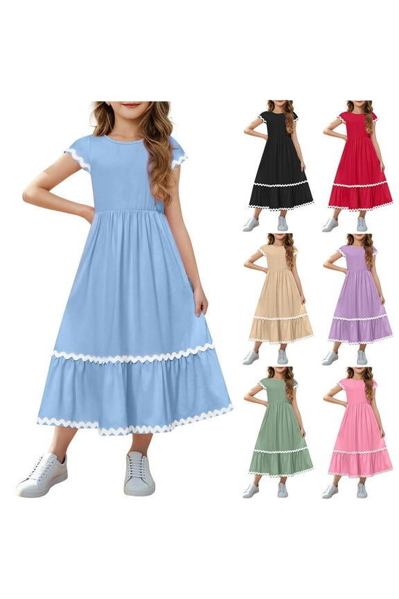 Maxi Dresses for Girl 5-15 Years Short Sleeve Crew Neck Wedding Dresses Ruffle Party A Line Dresses with Pockets